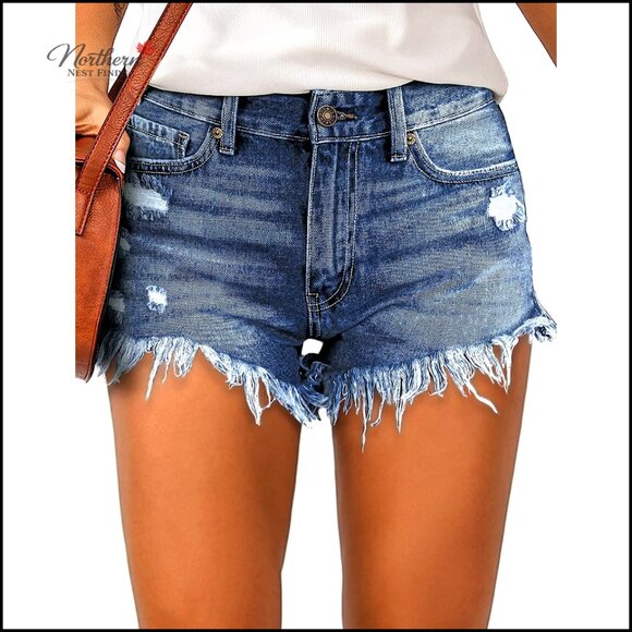 Pants - Mid Waist Denim Shorts Ripped Distressed Raw Hem Stretchy Casual Summer